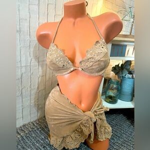 Victoria’s Secret Faux Suede Push Up 2 Pc Bikini W/Matching Sarong Sz M/34C NEW!